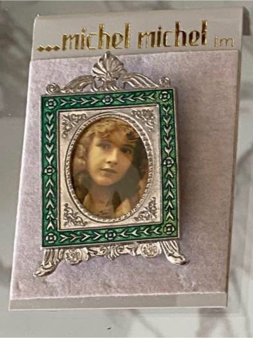 Michel Michel Green and Silver Enamel Frame Brooch